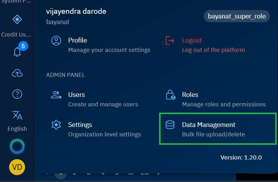 Accessing Data Management module